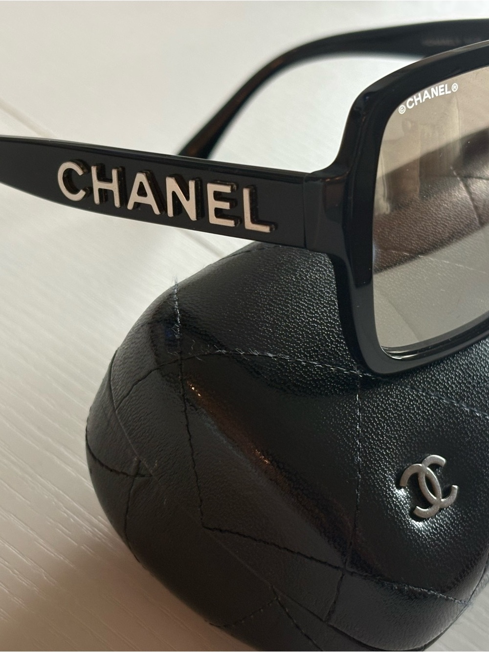 CHANEL Black Logo Acetate Sunglasses with Silver Accents